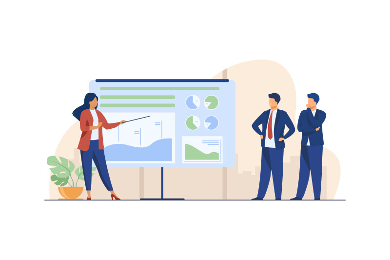 Female coach explaining statistics to businessmen