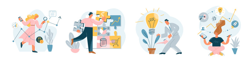 Business people work on growth of financial profit and career set. Cartoon businessman with gold cup, leader growing lightbulb plant
